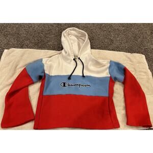 Champion Reverse Weave Cropped Hoodie Womens M Red White Blue Flared Sleeves
